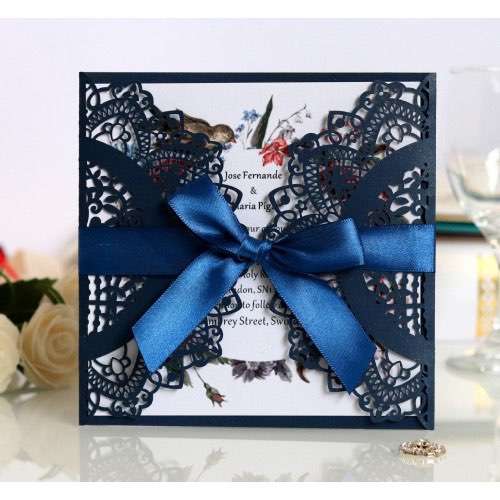 Square Invitation Card  Navy-blue Laser Cut Wedding Invitation Card